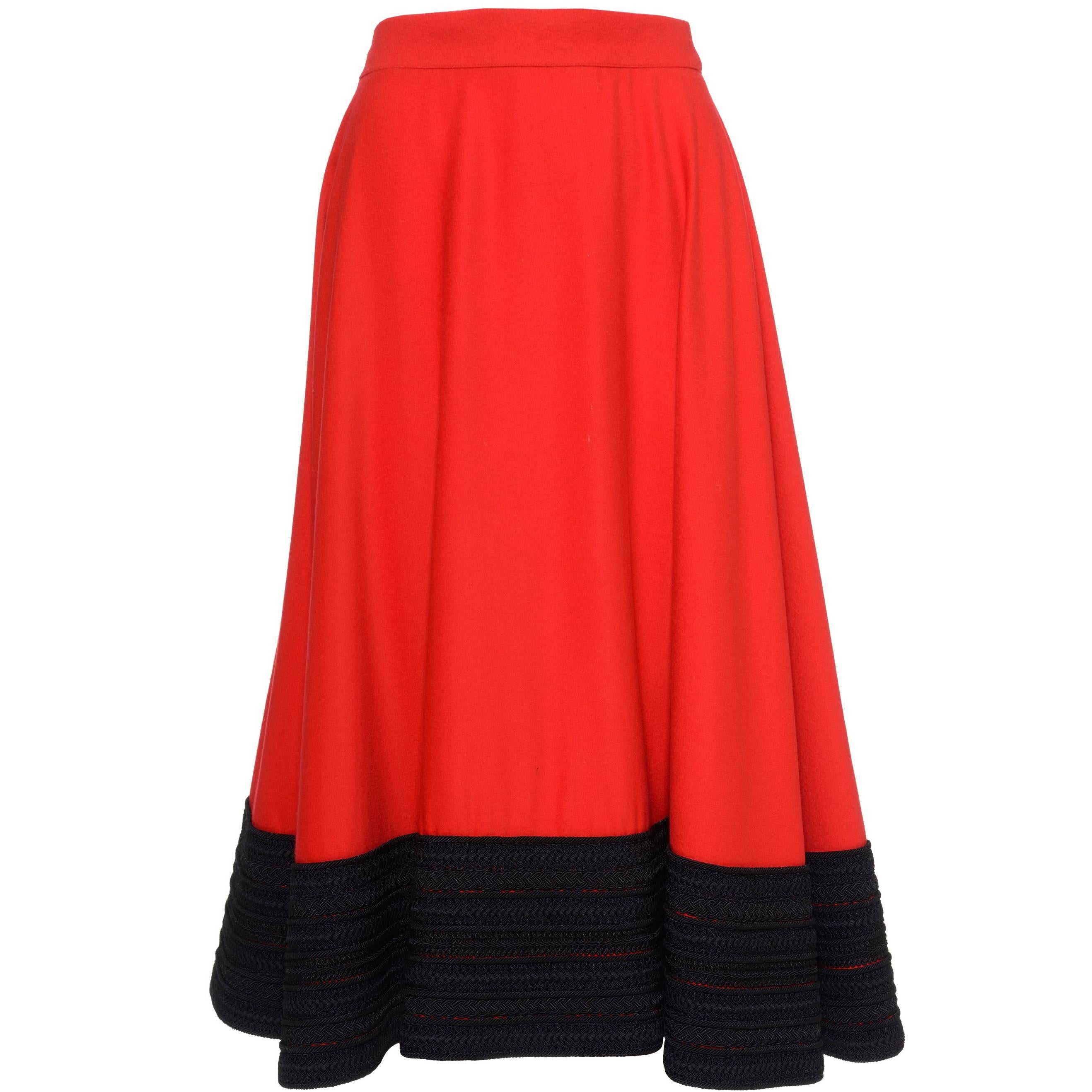 1980s GENNY Red Skirt With Black Braid Hem For Sale