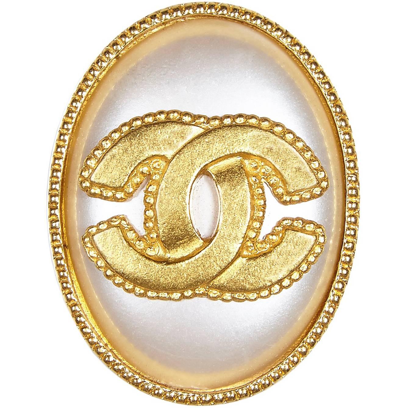 Chanel Gold Pearl Oval Cameo Double CC Brooch, 1990s 