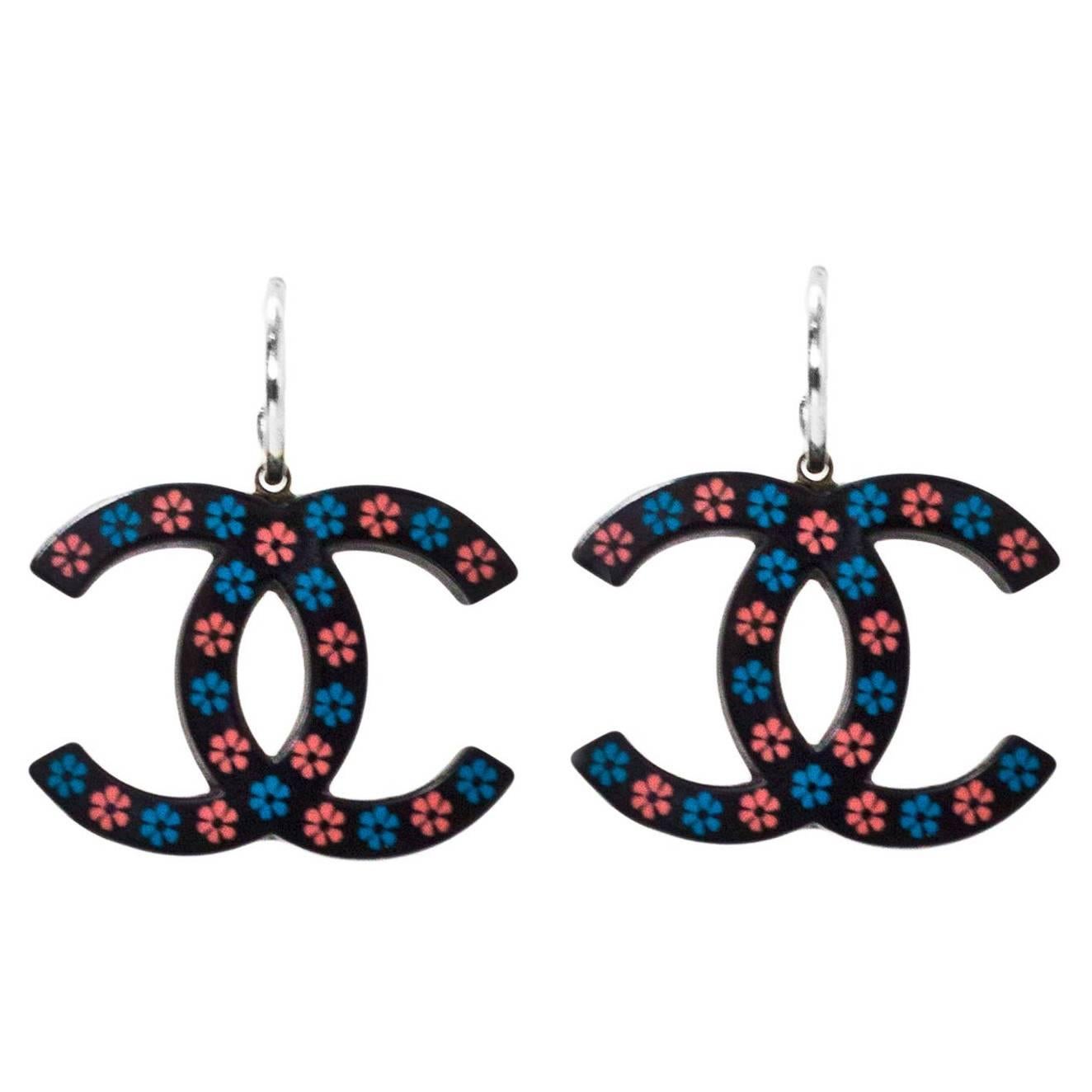 Chanel Black, Blue & Pink Floral CC Pierced Earrings