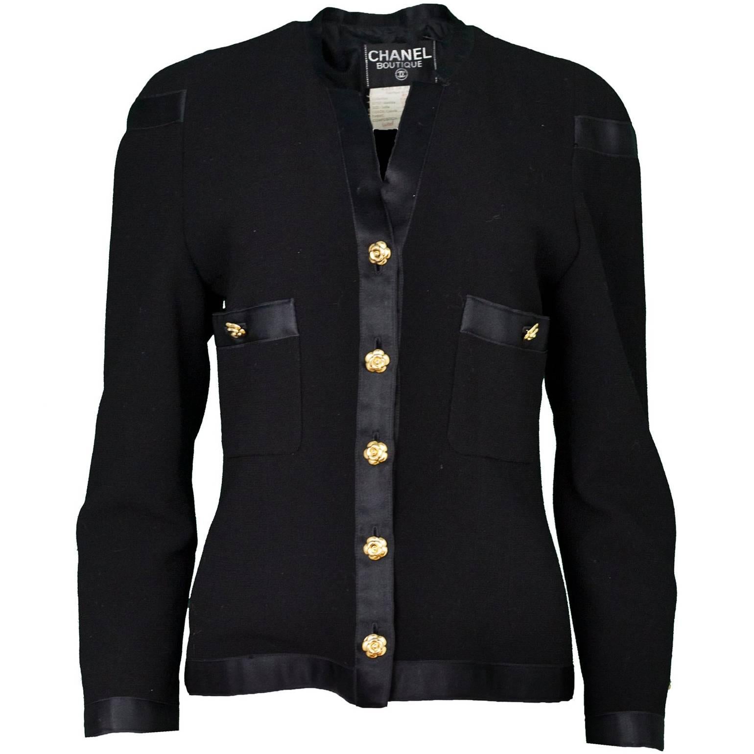 Chanel Vintage '90s Black Boucle Jacket w/ Camelia Buttons sz 6