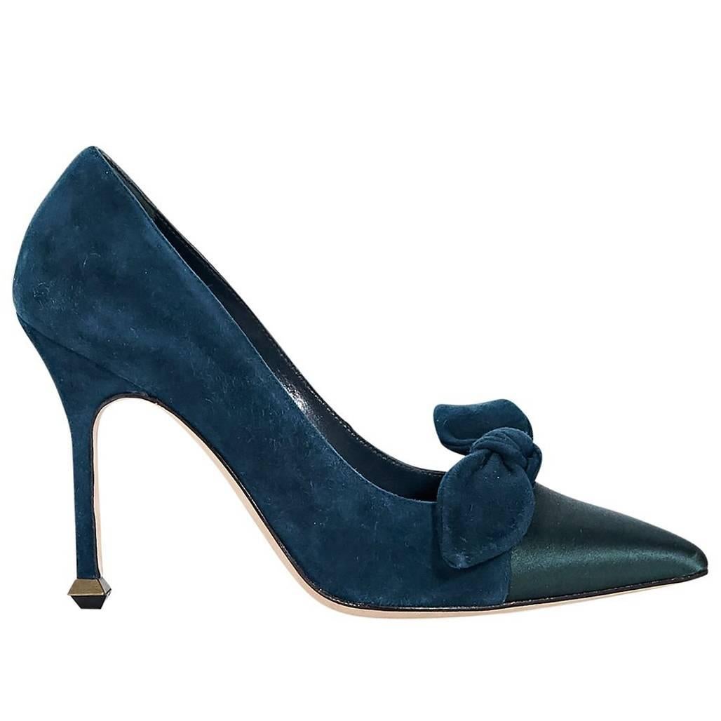 Teal Manolo Blahnik Suede & Satin Pumps