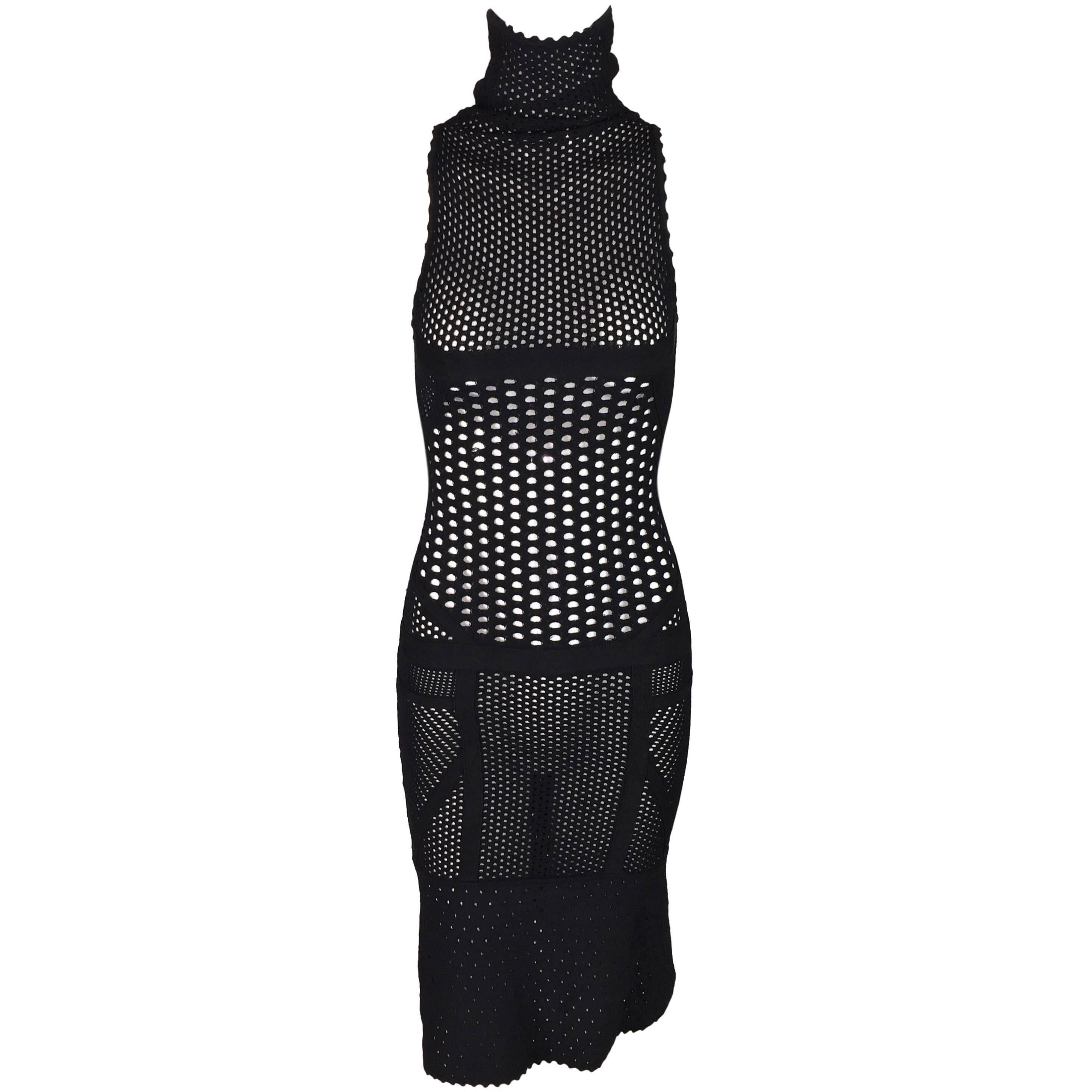 Gianfranco Ferre Sheer Black Fishnet Mesh Bodycon Logo Dress, F/W 2000 