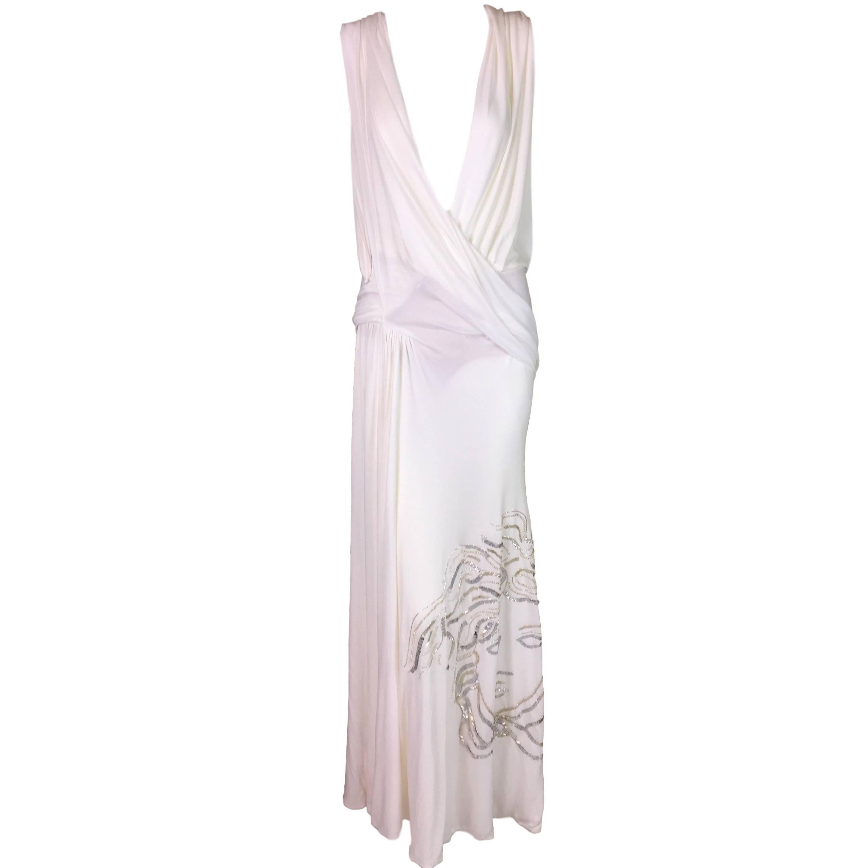 F/W 1999 Atelier Versace Sheer White Plunging Beaded Medusa Gown Dress
