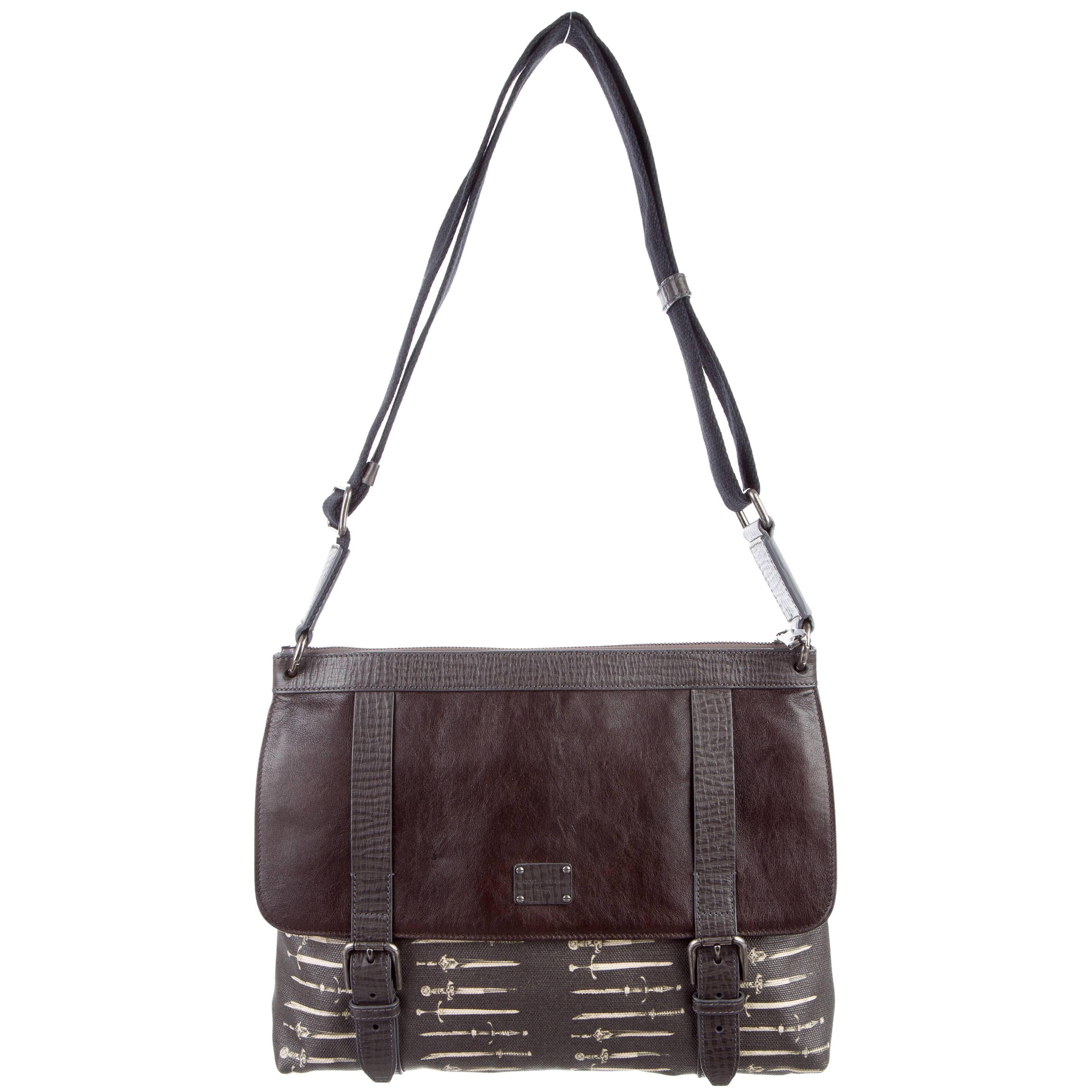 Dolce & Gabbana New Brown Leather Canvas Men's Carryall Travel Shoulder Bag