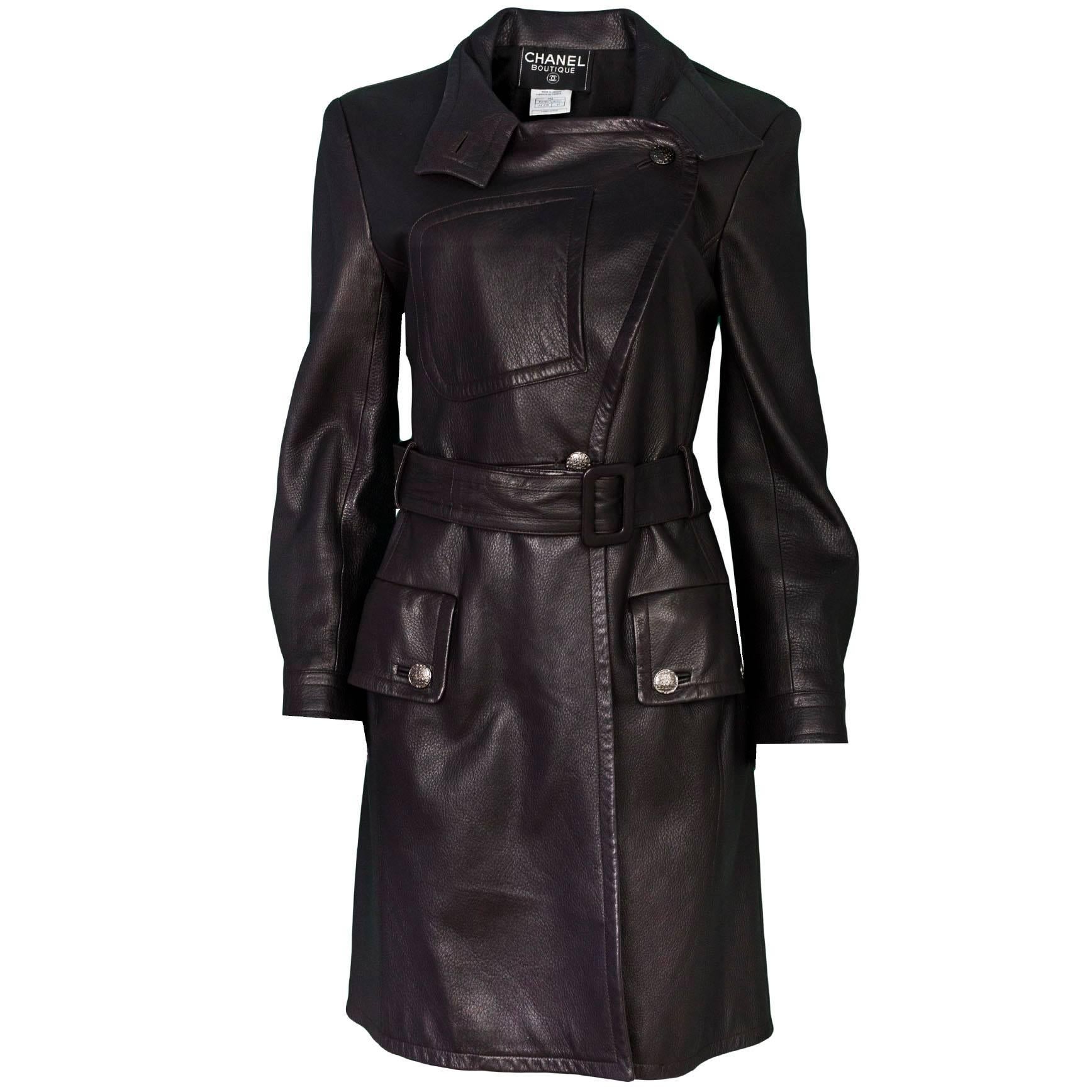 Chanel Dark Brown Leather Trench Coat sz FR42
