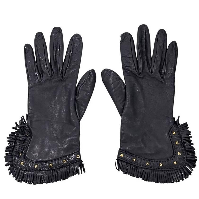 Black Hermes Leather Fringe Gloves