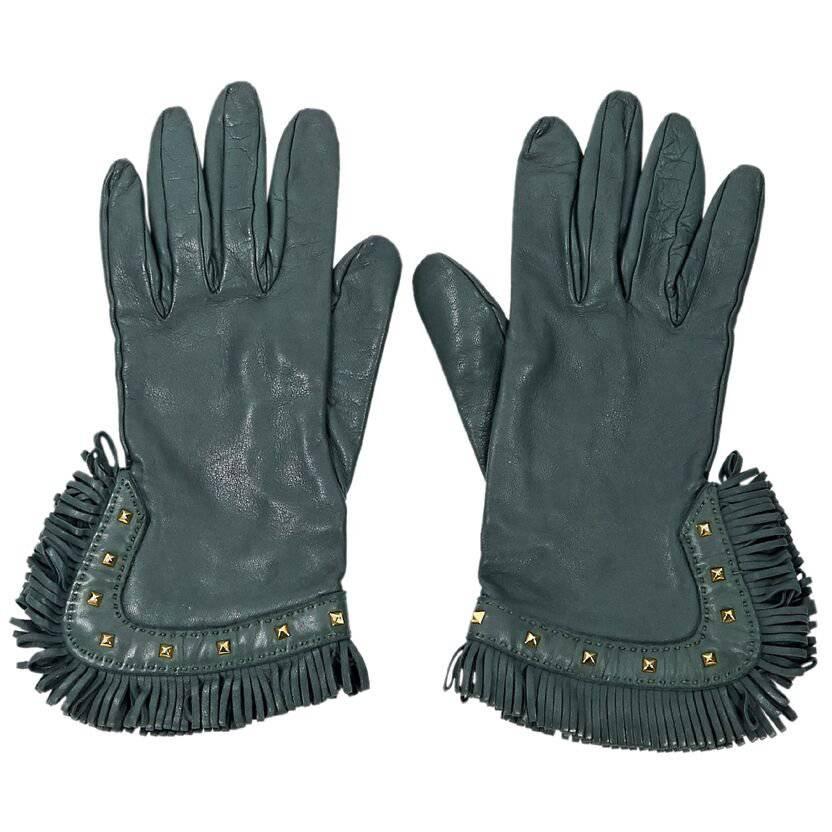 Green Hermes Leather Fringed Gloves