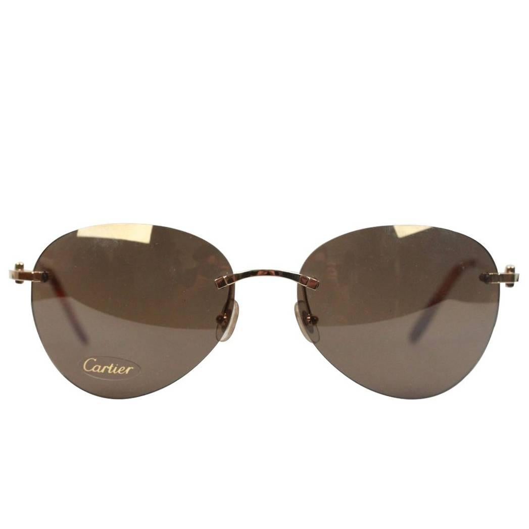 CARTIER Paris Rimless Gold Havana Sunglasses T8200549 58mm 135 NOS