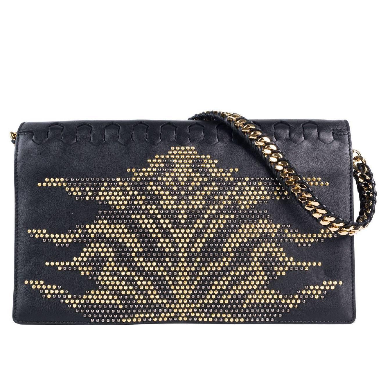 Roberto Cavalli Womens Black Leather Gold Black Studded Flap Handbag~RTL$2050