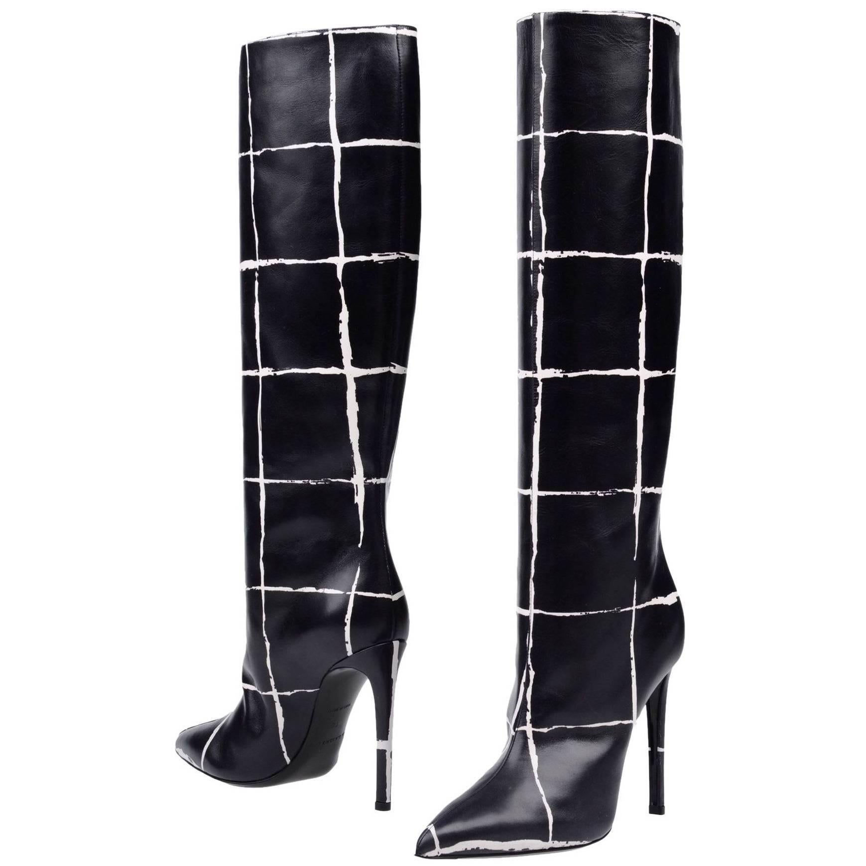 Balenciaga New Runway Black White Leather Knee High Boots 