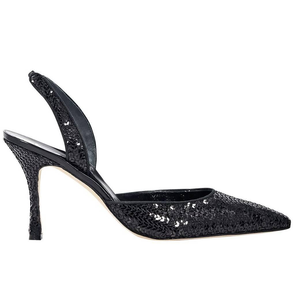 Black Manolo Blahnik Sequined Slingback Pumps