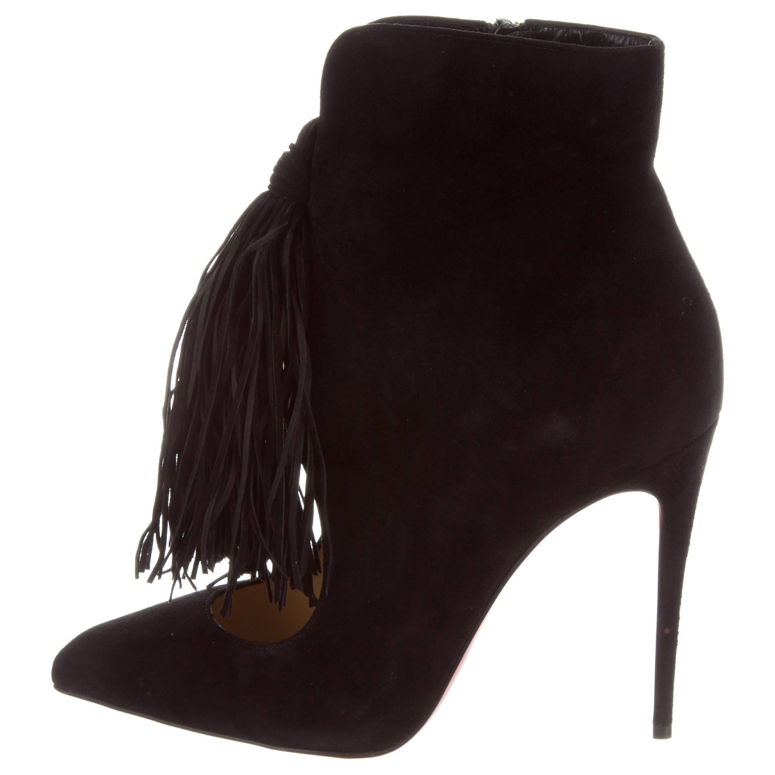 Christian Louboutin New Black Suede Fringe Evening Ankle Booties Boots in Box