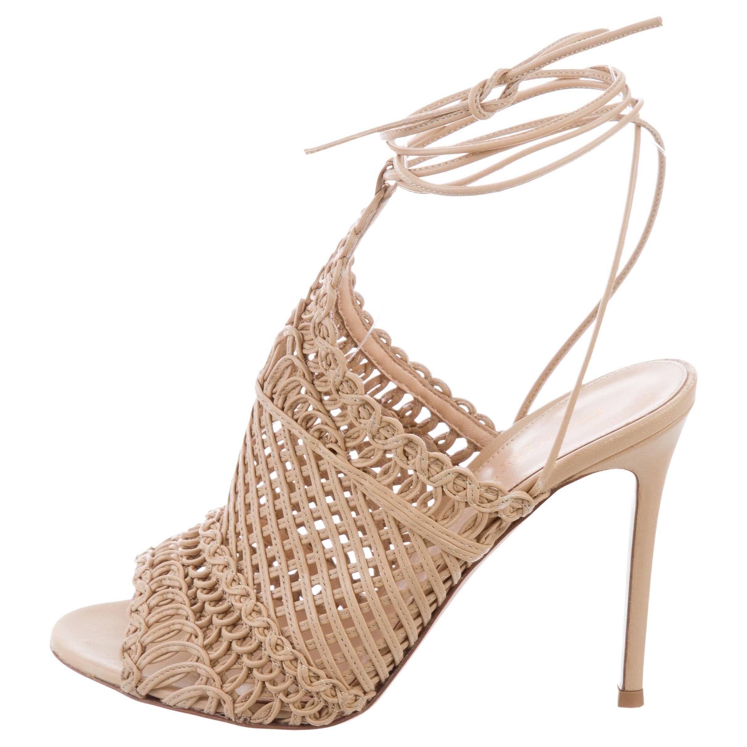 Gianvito Rossi New Tan Leather BasketWeave Evening Sandals Heels in Box