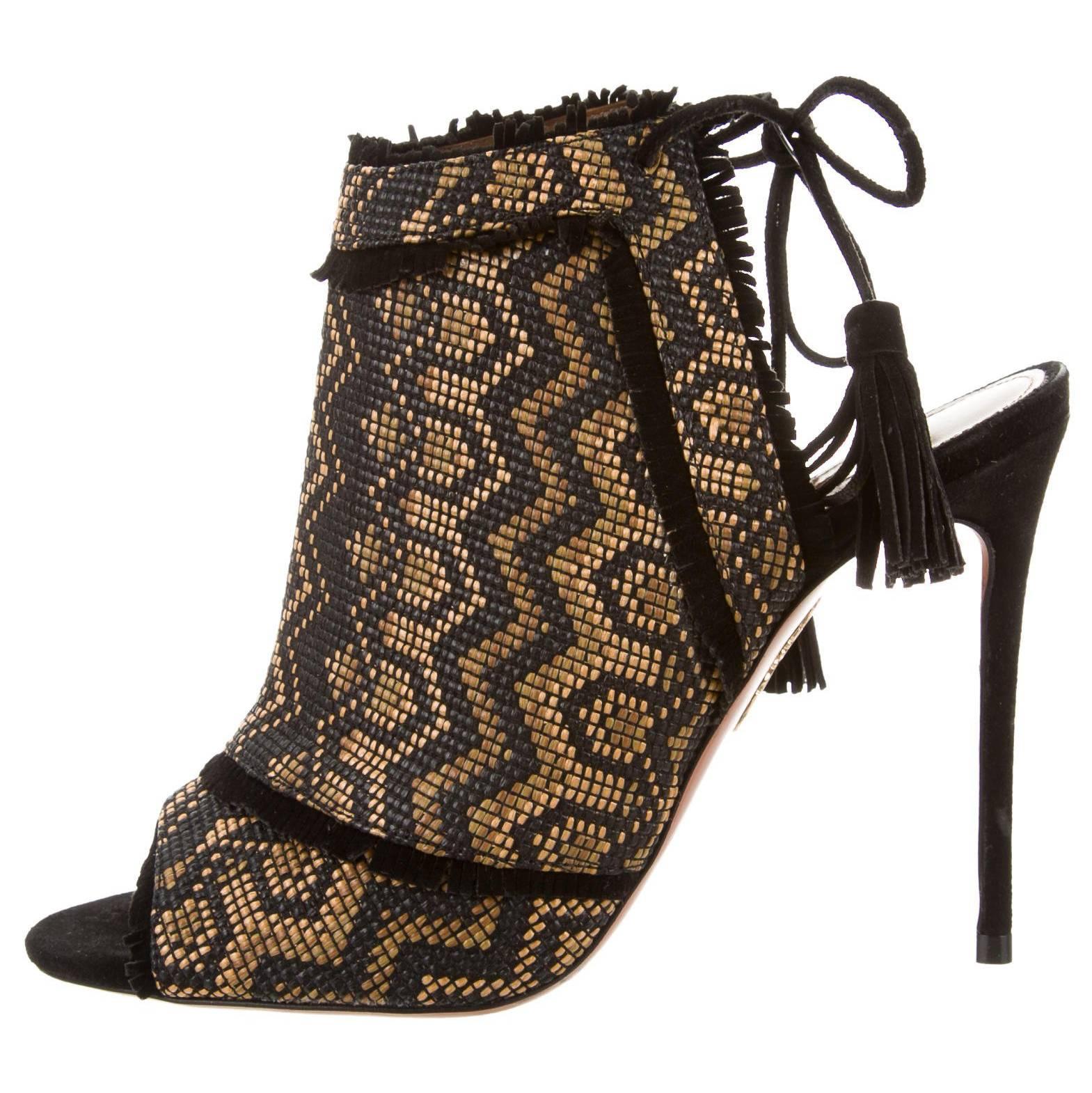 Aquazzura New Black Gold Weave Tie Up Evening Sandals Heels 