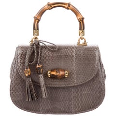 Gucci Gray Snakeskin Bamboo Top Handle Kelly Evening Satchel Shoulder Flap Bag
