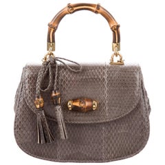 Gucci Gray Snakeskin Bamboo Top Handle Kelly Evening Satchel Shoulder Flap Bag