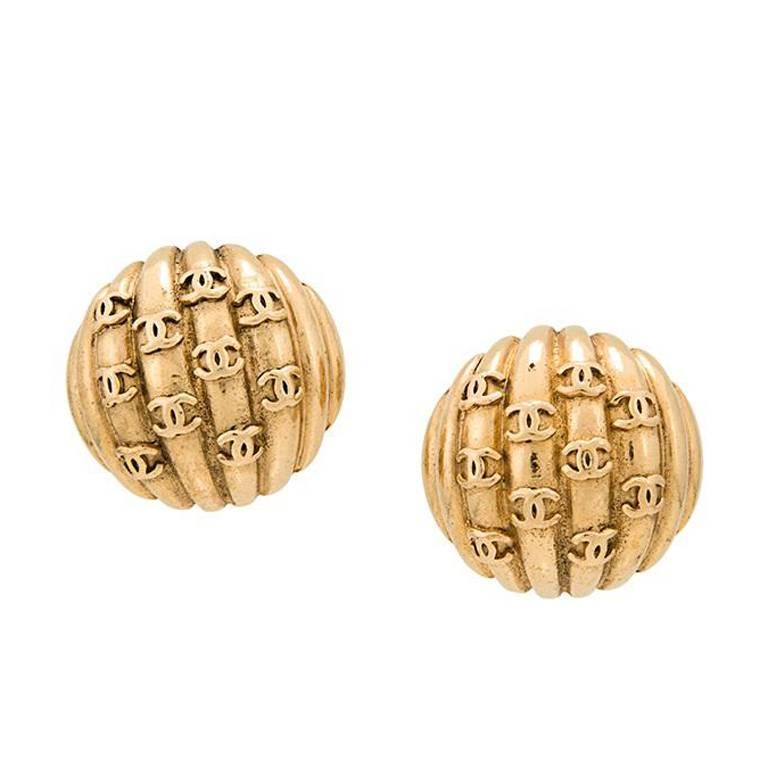 Chanel Gold Textured "CHANEL" Charm Evening Stud Earrings in Box