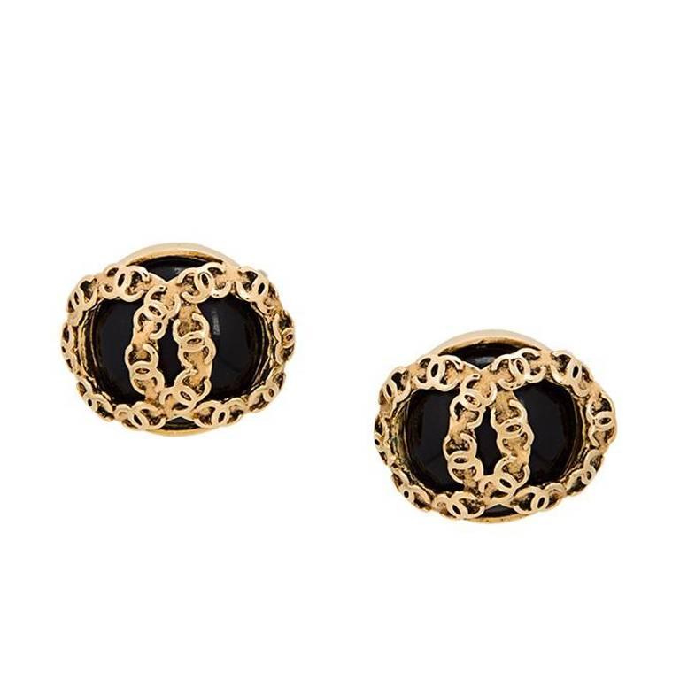 Chanel Textured Gold Black Accent Evening Statement Stud Earrings