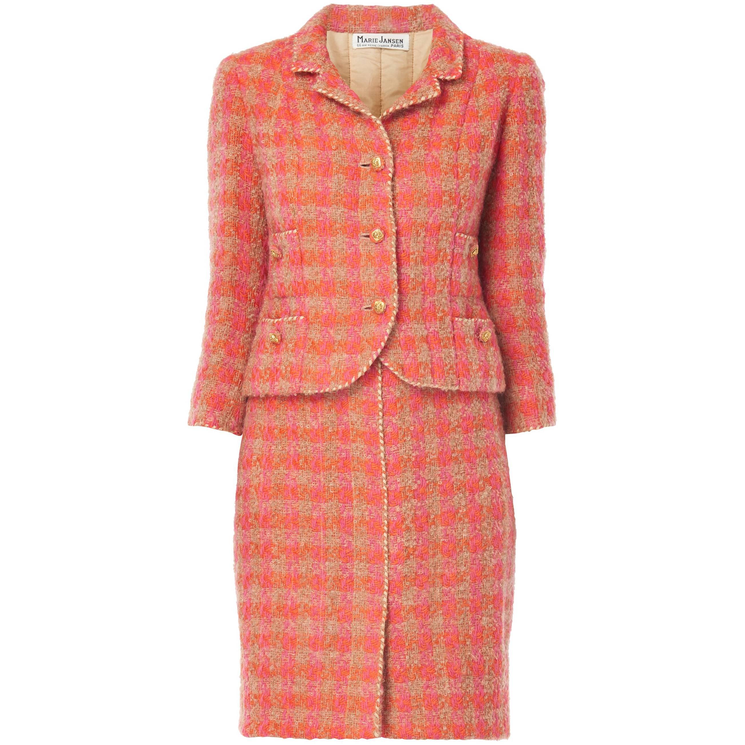 Marie Jansen pink and orange skirt suit, circa 1964 For Sale