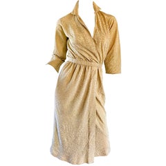 Halston 1970s Gold Metallic Silk Lurex Couture Vintage Disco Wrap Shirt Dress