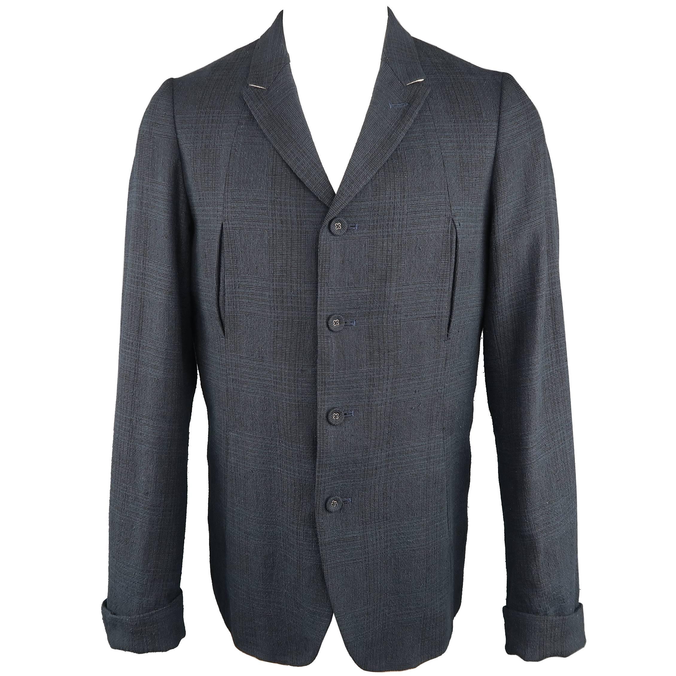 Men's THE VIRIDI-ANNE 42 Navy Plaid Silk / Linen 4 Button Sport Coat Jacket