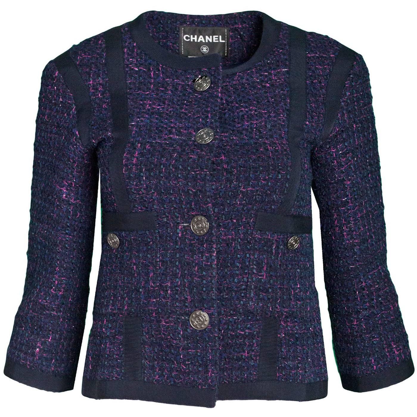 Chanel Navy & Pink Tweed Jacket with Grossgrain Trim Sz FR36