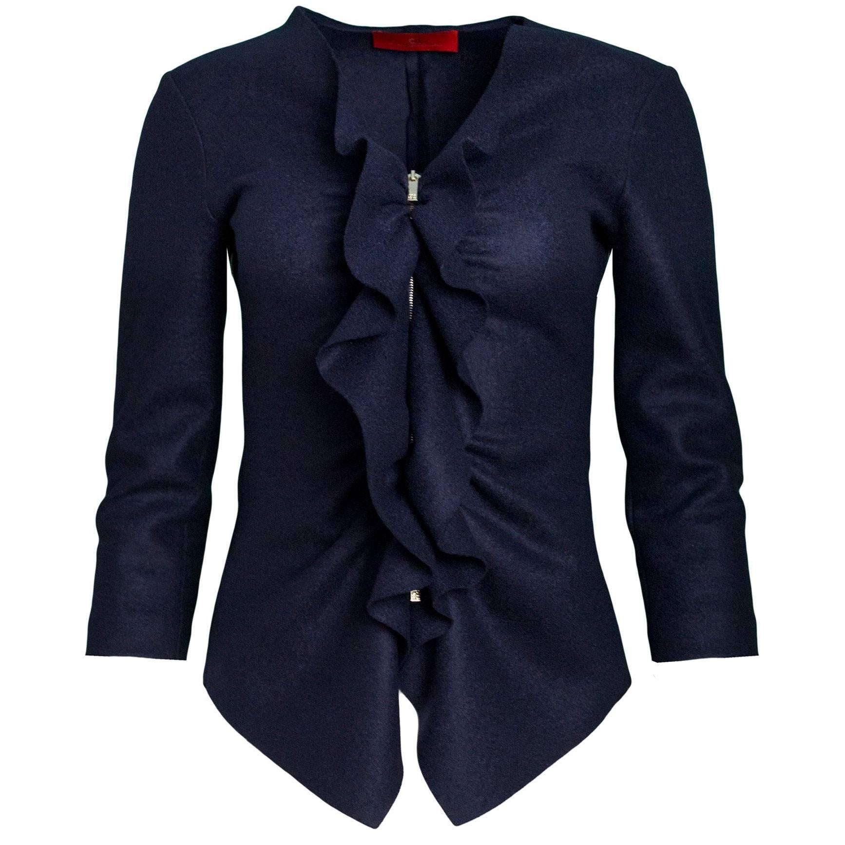 CH Carolina Herrera Navy Wool Ruffle Jacket Sz 2