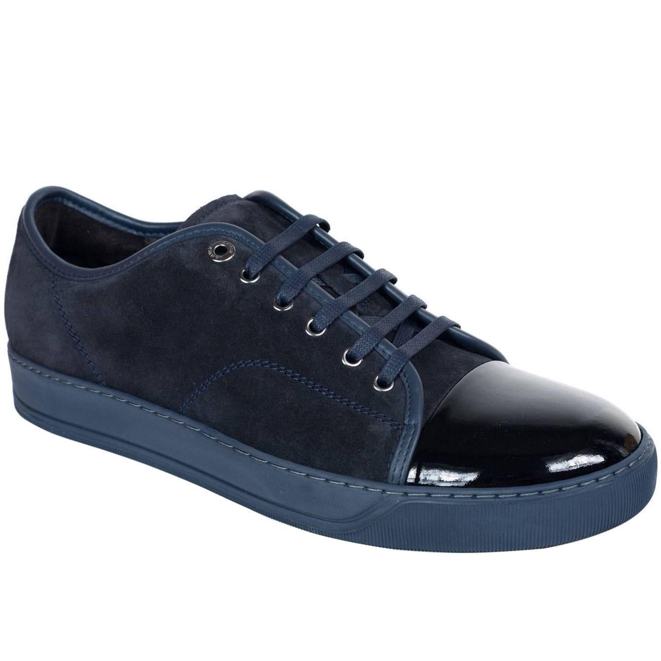 Lanvin Dark Blue Suede Patent Cap Lace Up DDB1 Sneakers For Sale
