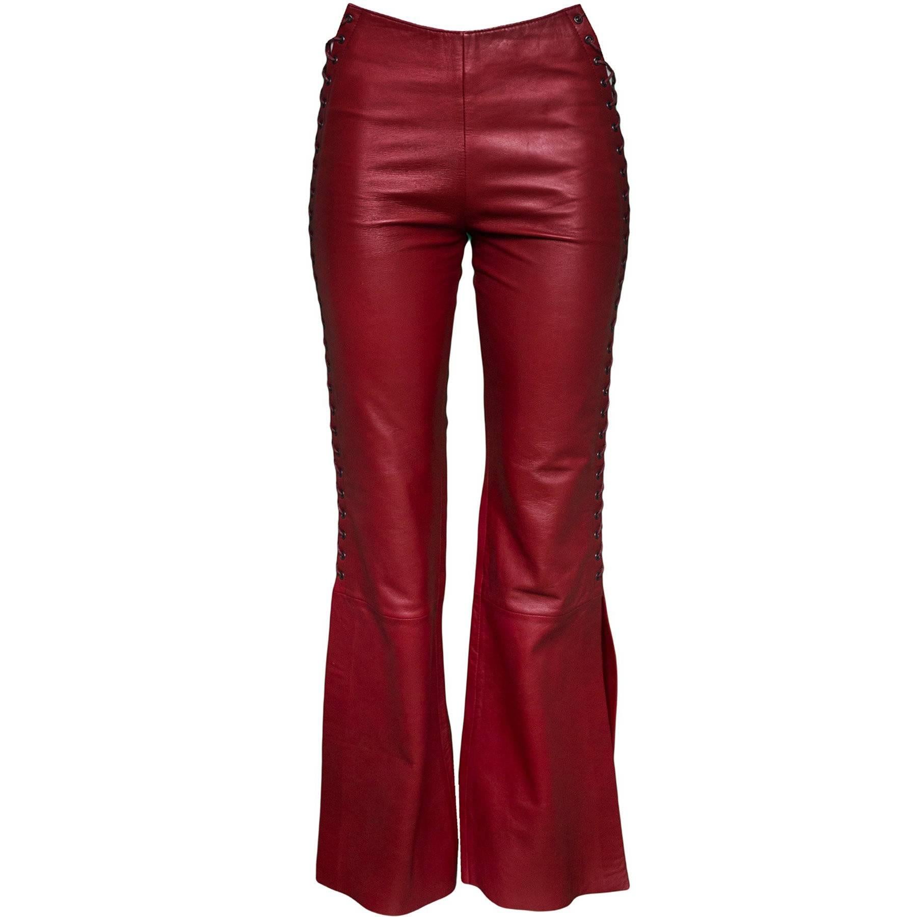 Catherine Malandrino Red Leather Lace Up Pants Sz 2