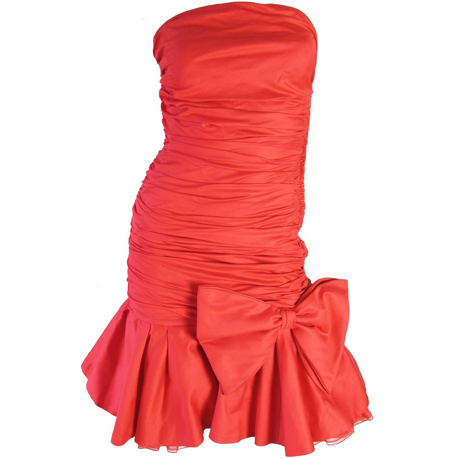 Christian Dior Strapless Red Dress with Ruffle, 1980s 