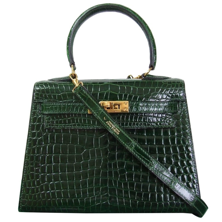 HERMES Mini Kelly Sellier Bag Vert Fonce Dark Green Crocodile GHW 20 cm  RARE For Sale at 1stDibs