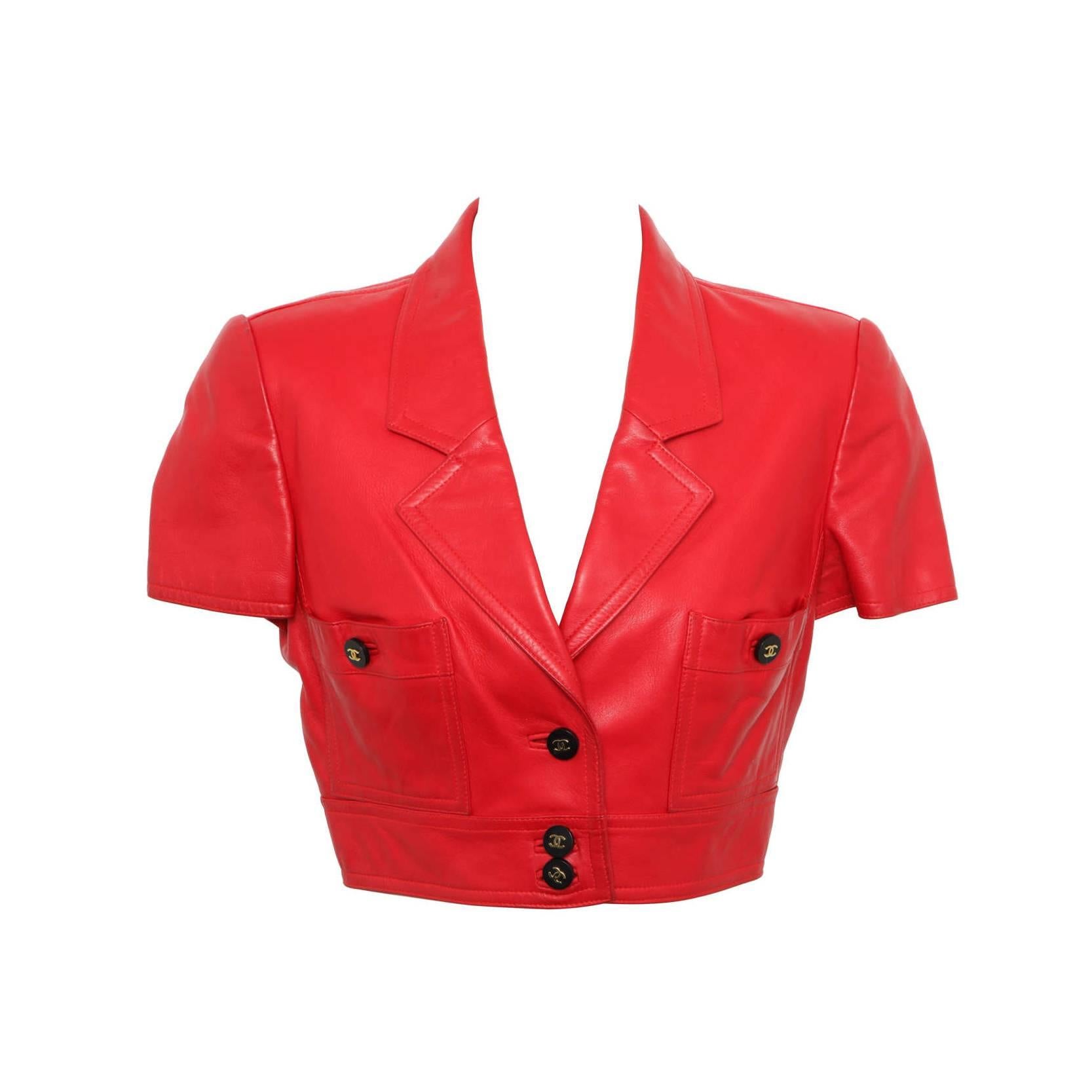 Chanel Rare Red Cropped Leather Jacket