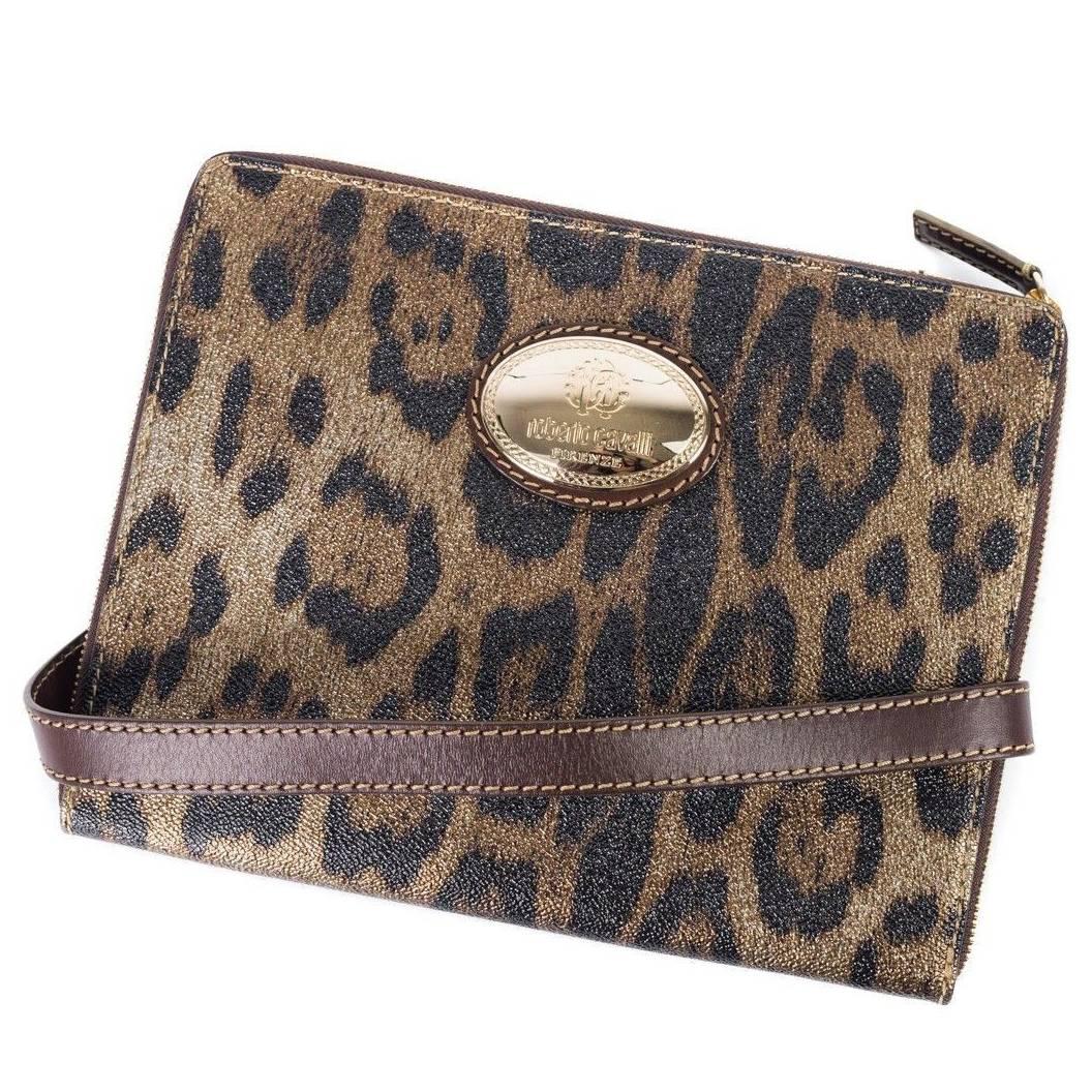 Roberto Cavalli Brown Leopard Print Leather Ipad Case Shoulder Strap For Sale