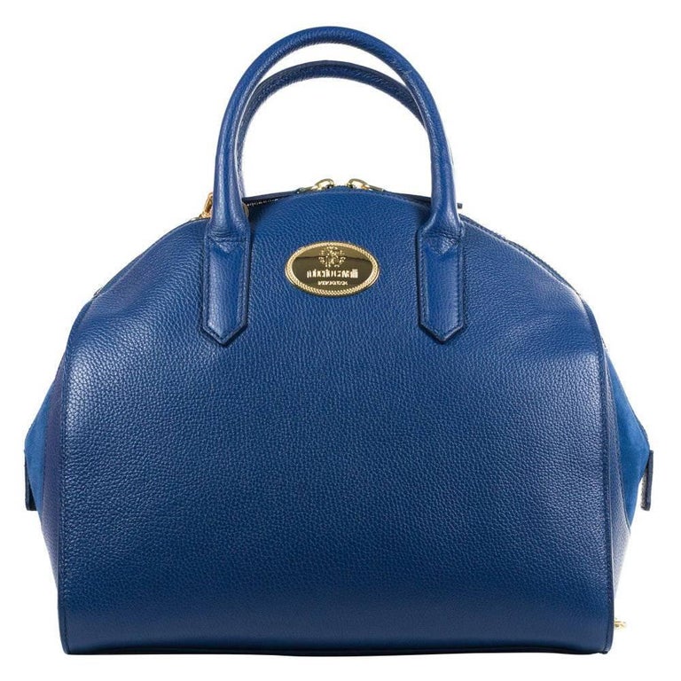 Roberto Cavalli Womens Blue Grained Leather Bowler Handbag For Sale at