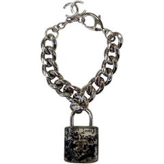 Chanel White Gold Chain Link Cc Logo Padlock Bracelet