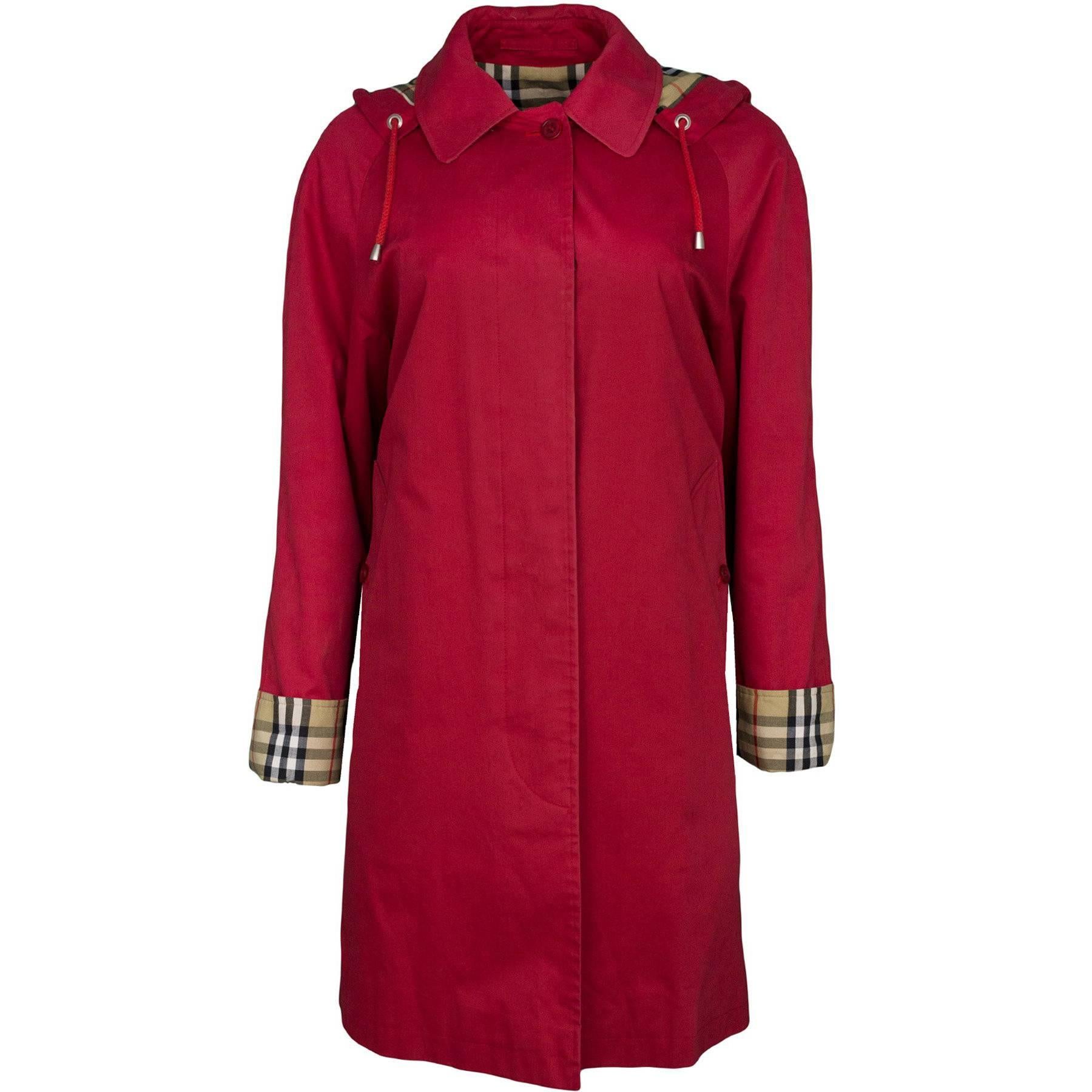 Burberry London Red Cotton Hooded Trench Coat sz S/M