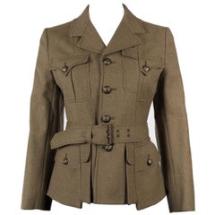 Used Maison Margiela Green Wool Silk Lined Belted Military Blazer