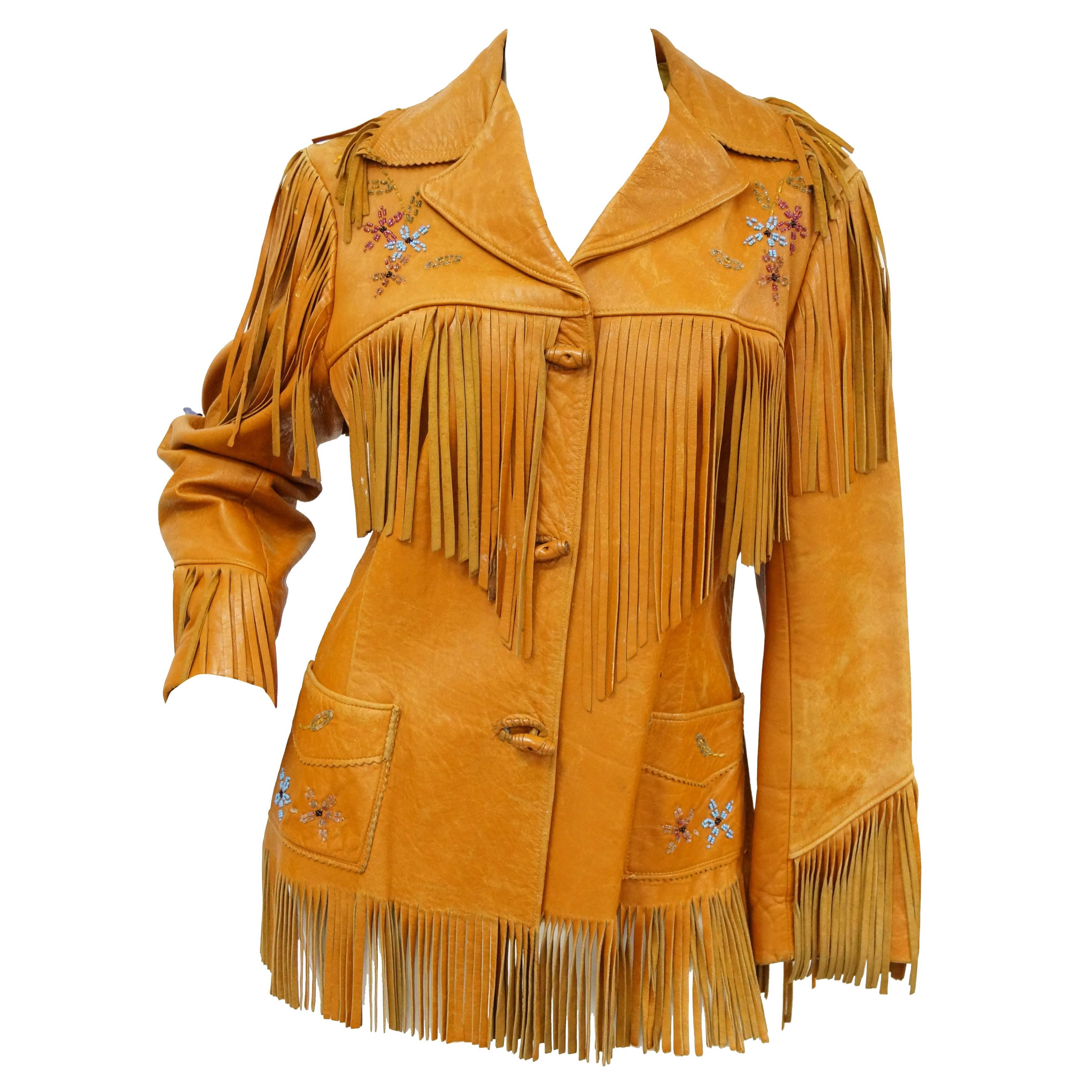 Tan Leather Jacket with Fringe and Beading Detail, Early 1960s 