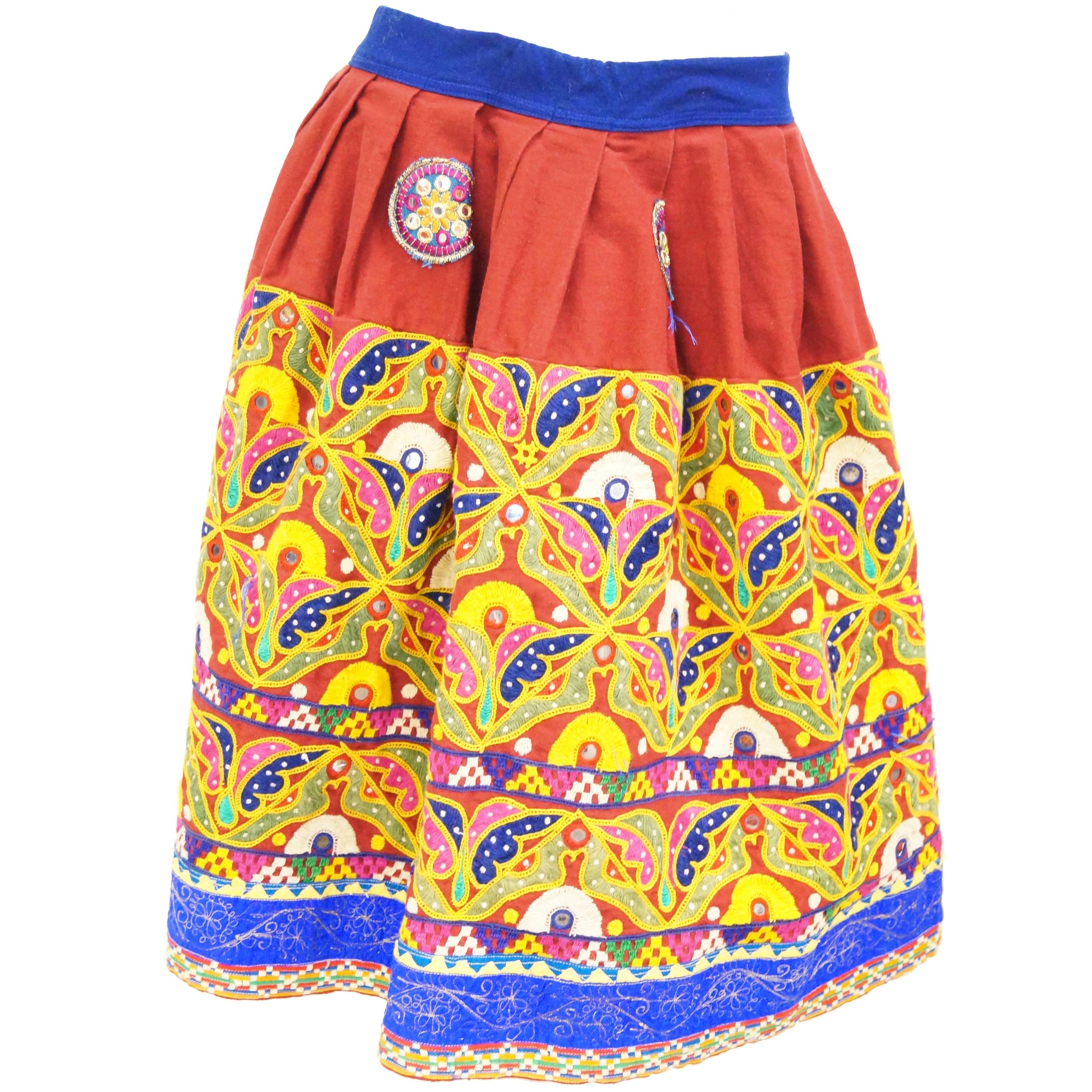 1970's Embroidered Indian Skirt with Mirror Sequin Details For Sale