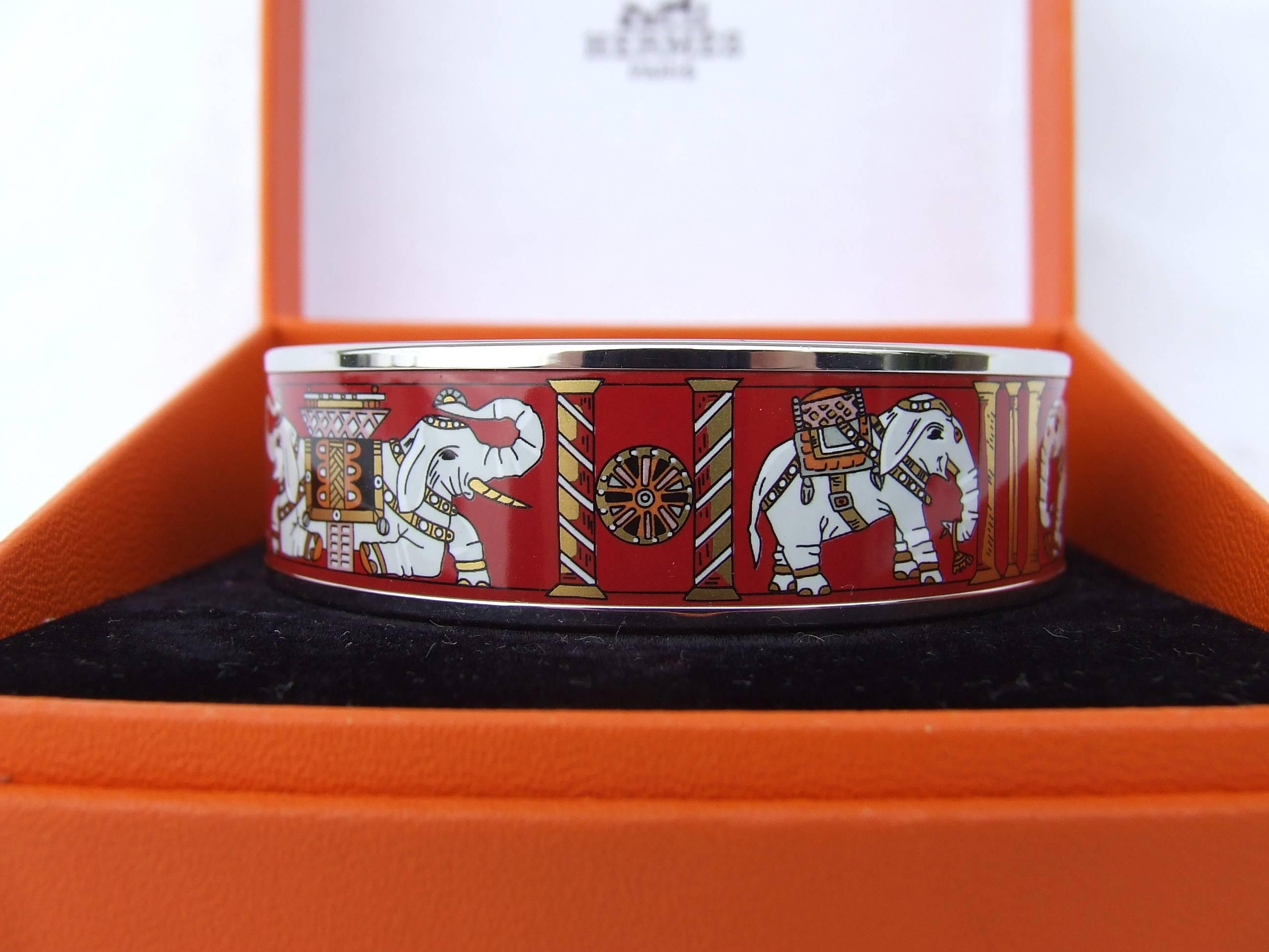 Hermes Enamel Printed Bracelet Elephants Pattern Torana Red PHW 65 1