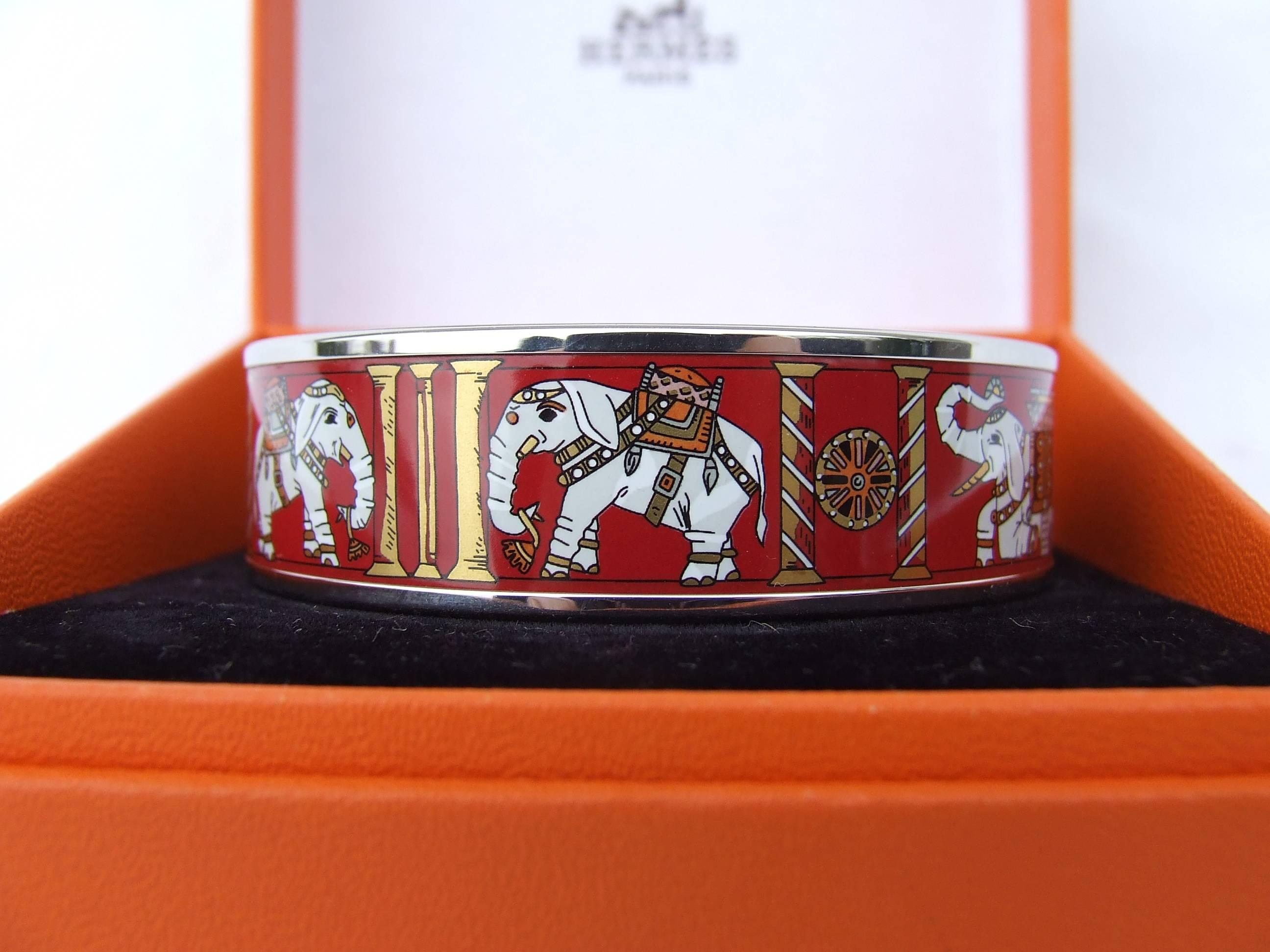 Hermes Enamel Printed Bracelet Elephants Pattern Torana Red PHW 65 2