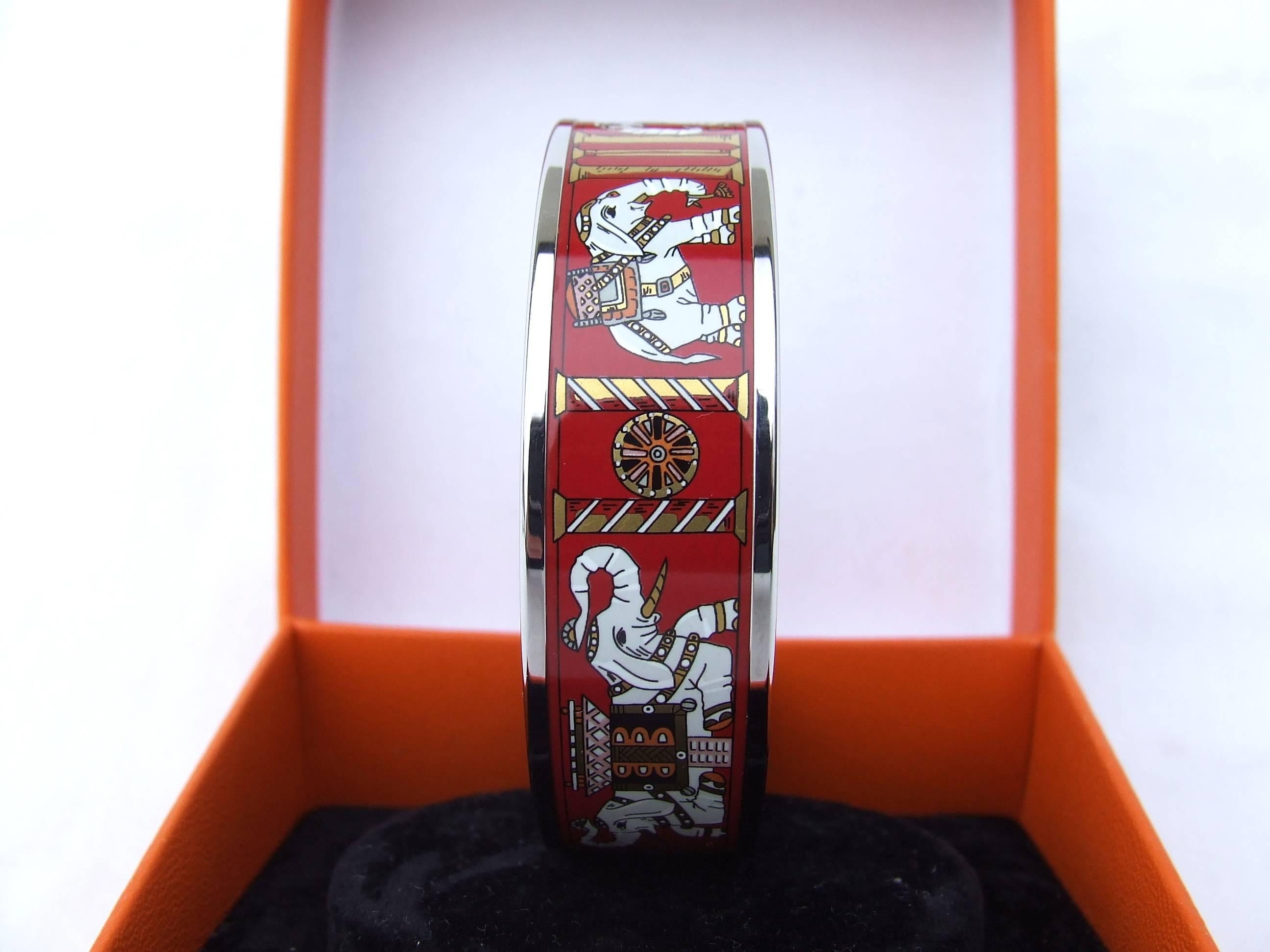 Hermes Enamel Printed Bracelet Elephants Pattern Torana Red PHW 65 4