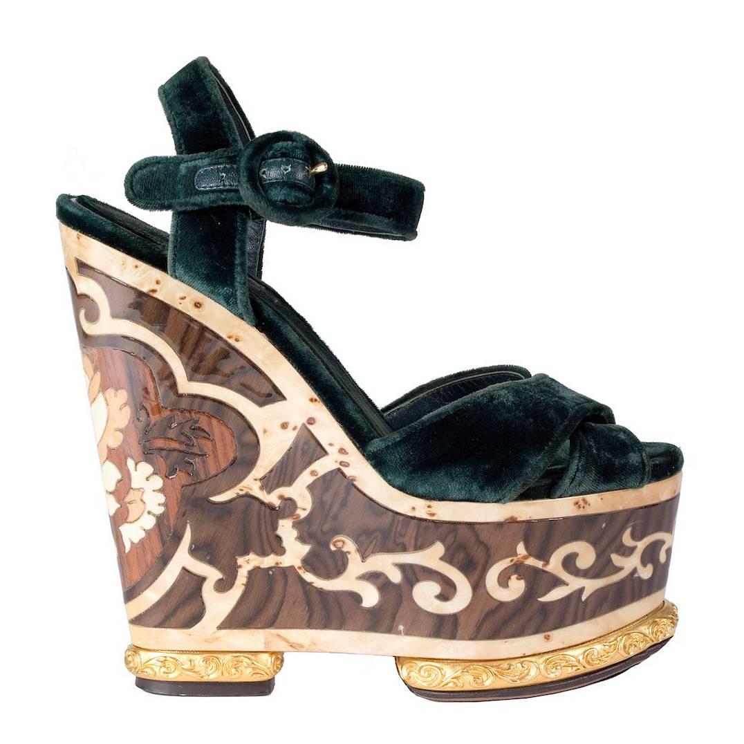 Dolce & Gabbana Velvet and Wood Inlay Wedges