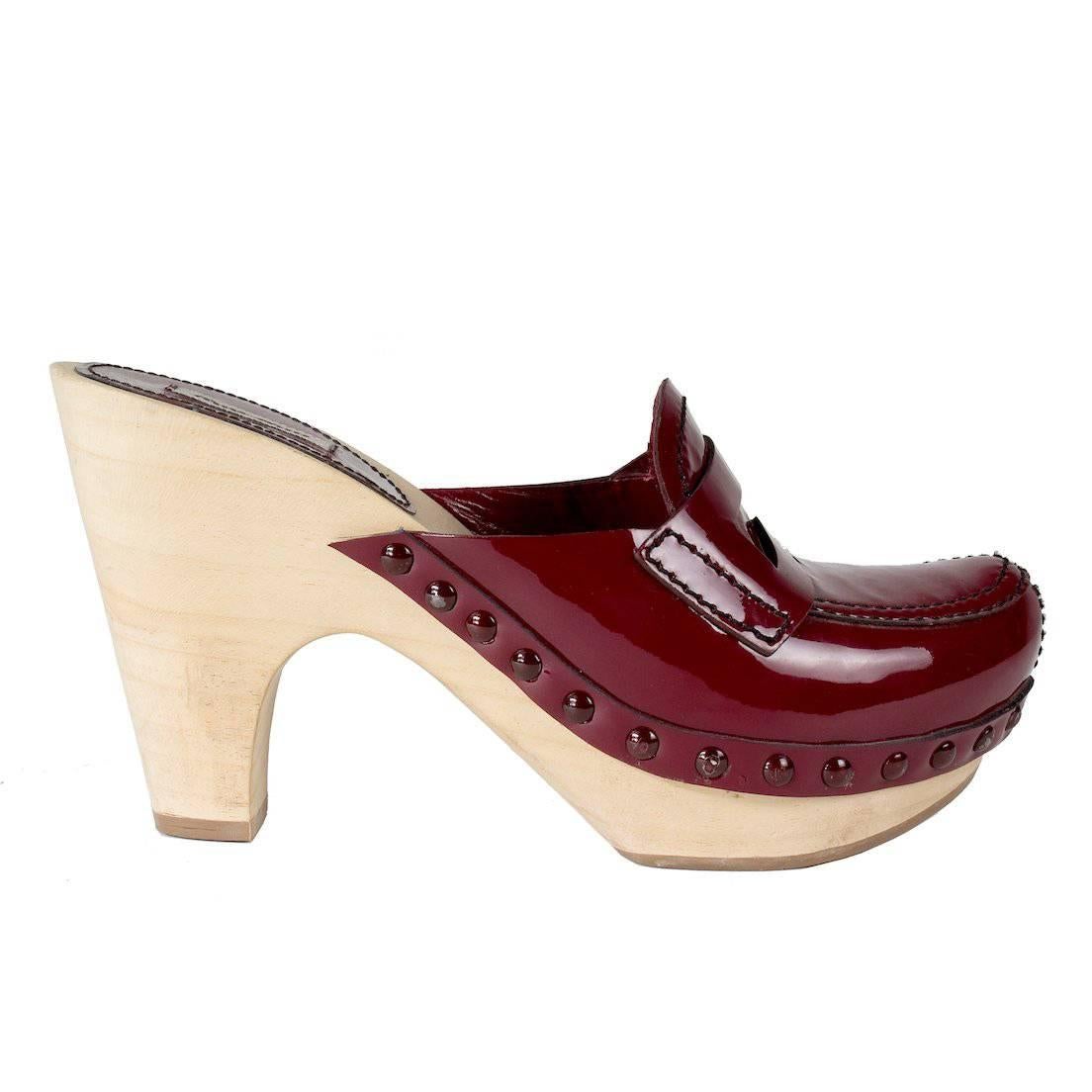 Miu Miu Lightweight Wood Clogs with Red Patent Leather