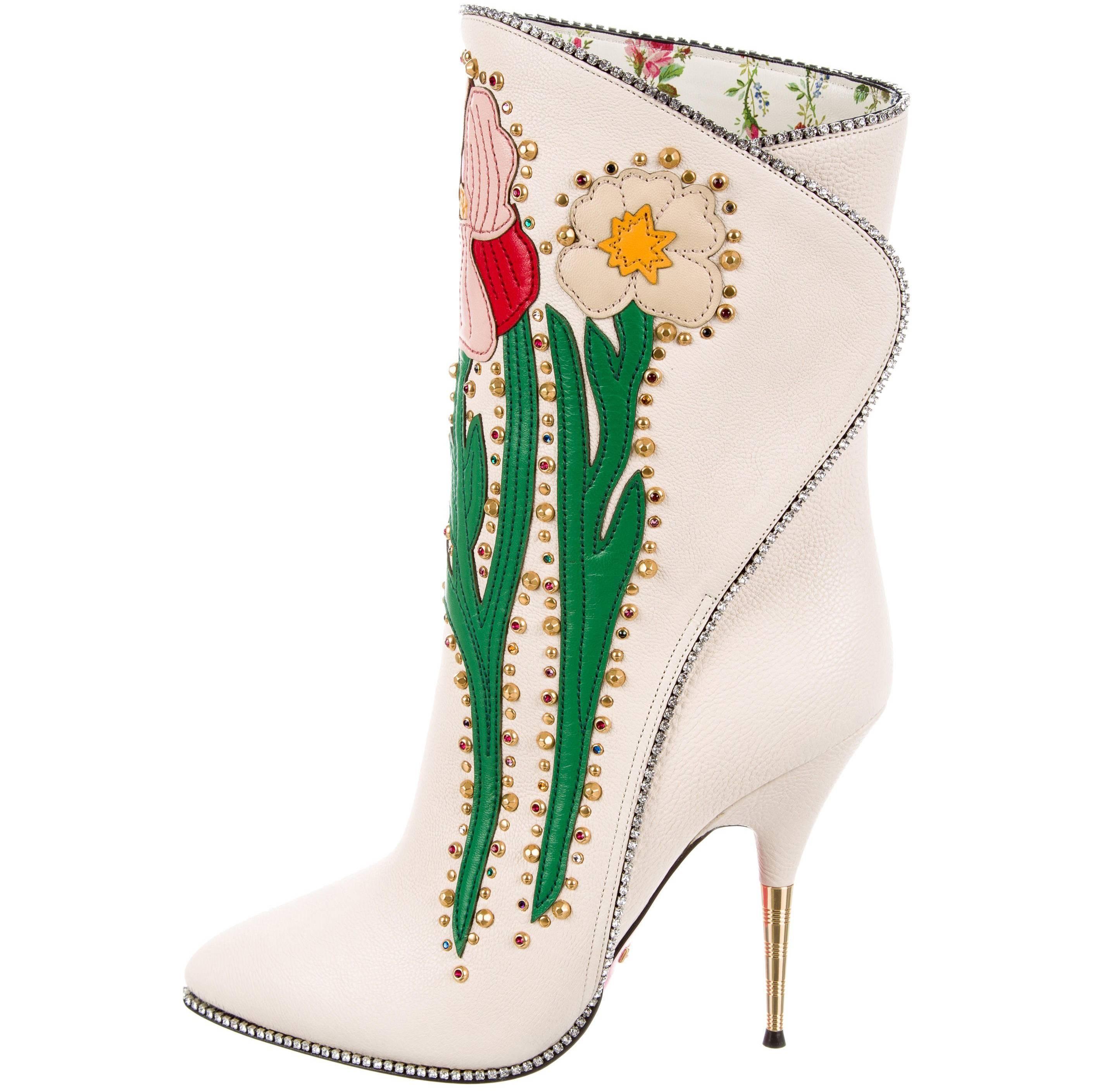 Gucci NEW Runway Novelty White Embroidered Crystal Evening Ankle Boots