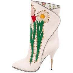 Gucci NEW Runway Novelty White Embroidered Crystal Evening Ankle Boots