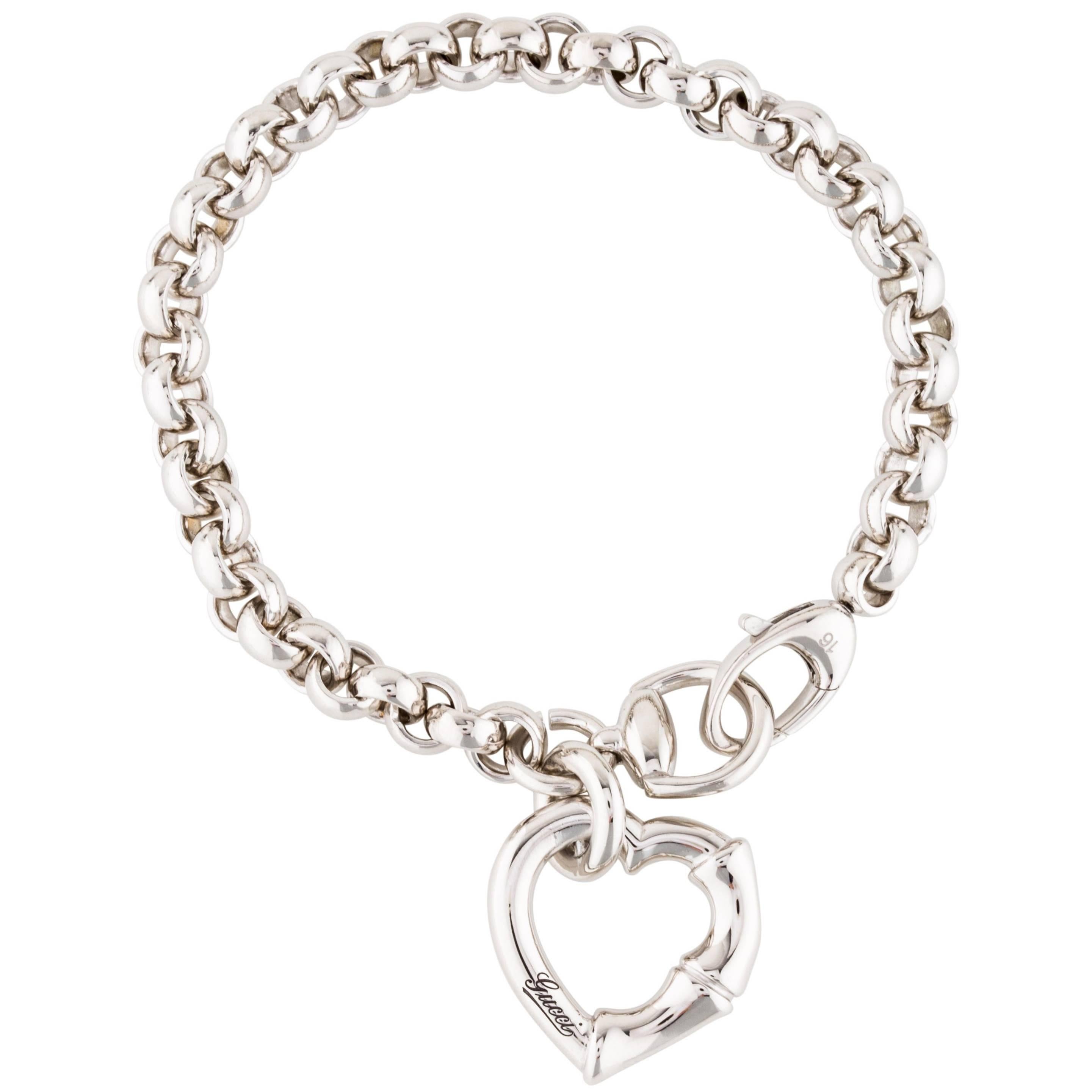 Gucci New Sterling Silver Chain Charm Bamboo Heart Bangle Bracelet in Box