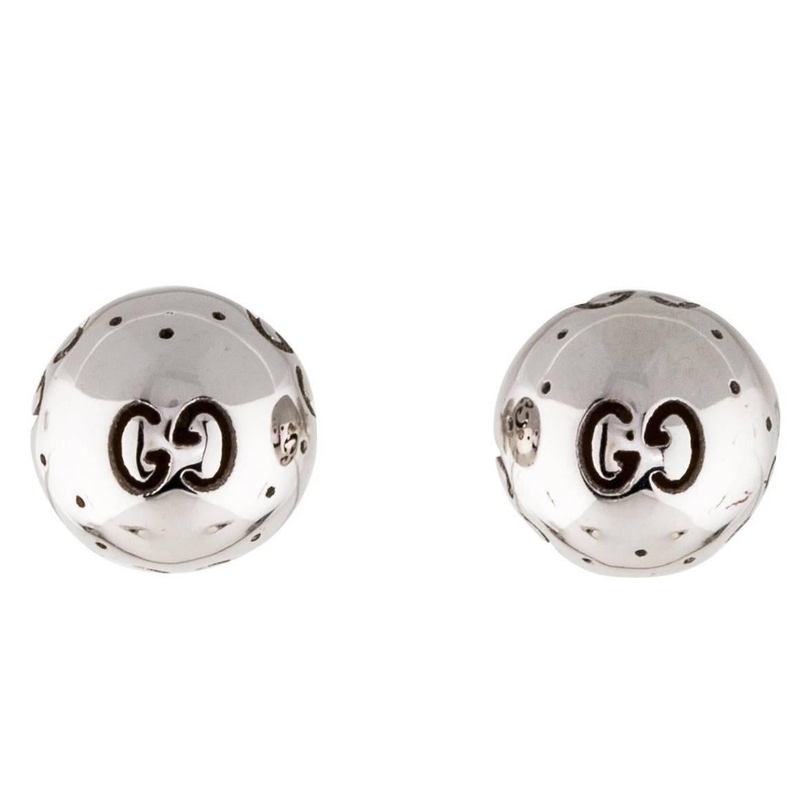 Gucci 18K White Gold Black GG Logo Charm Ball Stud Earrings in Box