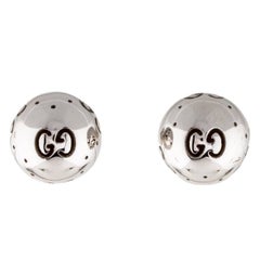 Gucci 18K White Gold Black GG Logo Charm Ball Stud Earrings in Box