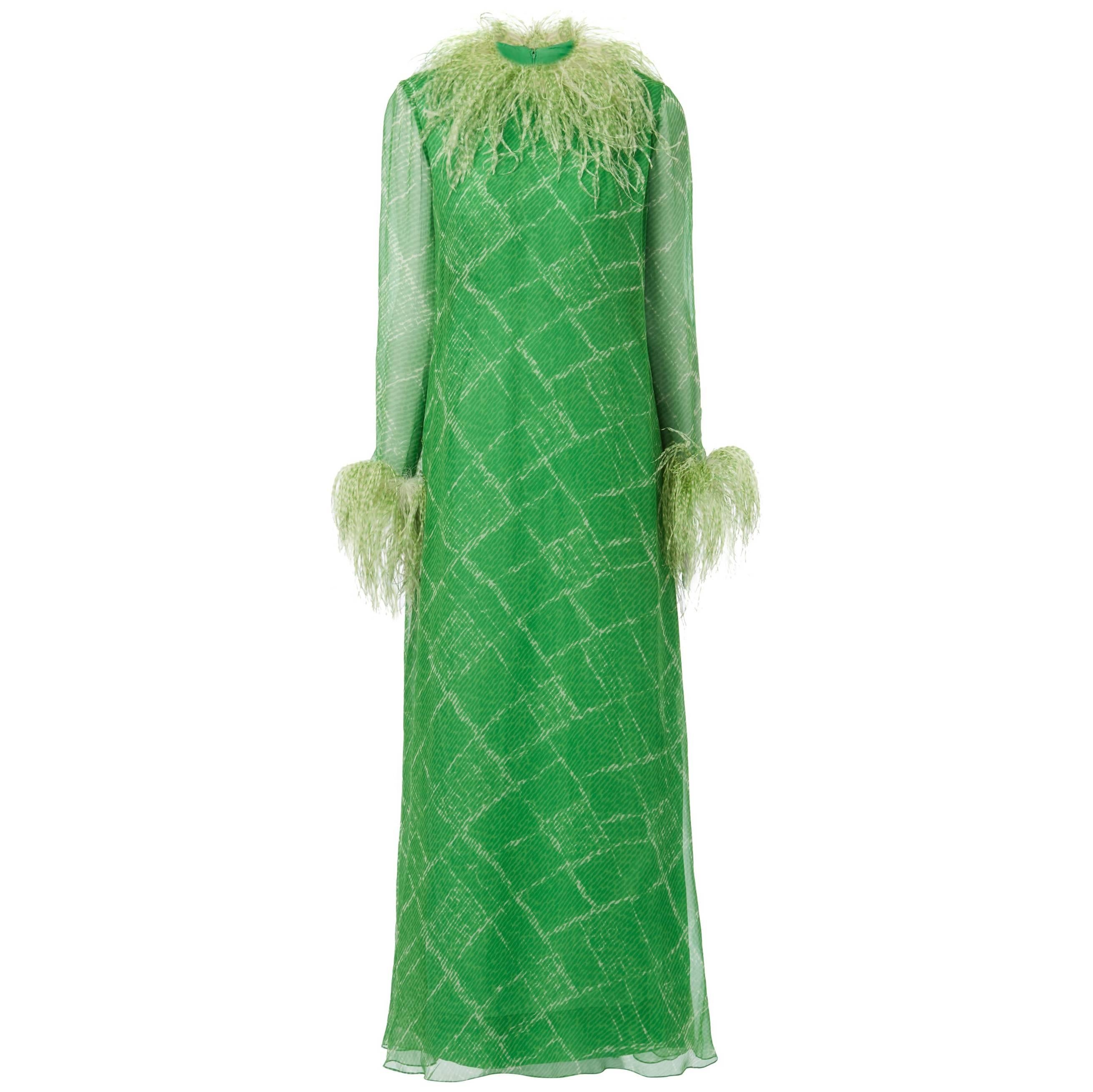 Nan Duskin unlabelled green printed chiffon maxi dress with ostrich feather embe
